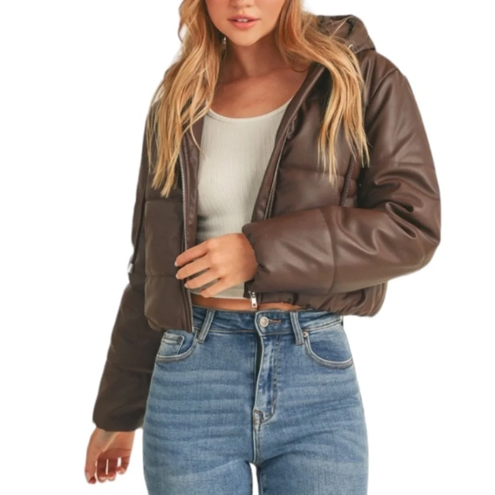 FAUX LEATHER HOODED PUFFER JACKET - COFFEE - Picture 2 of 4
